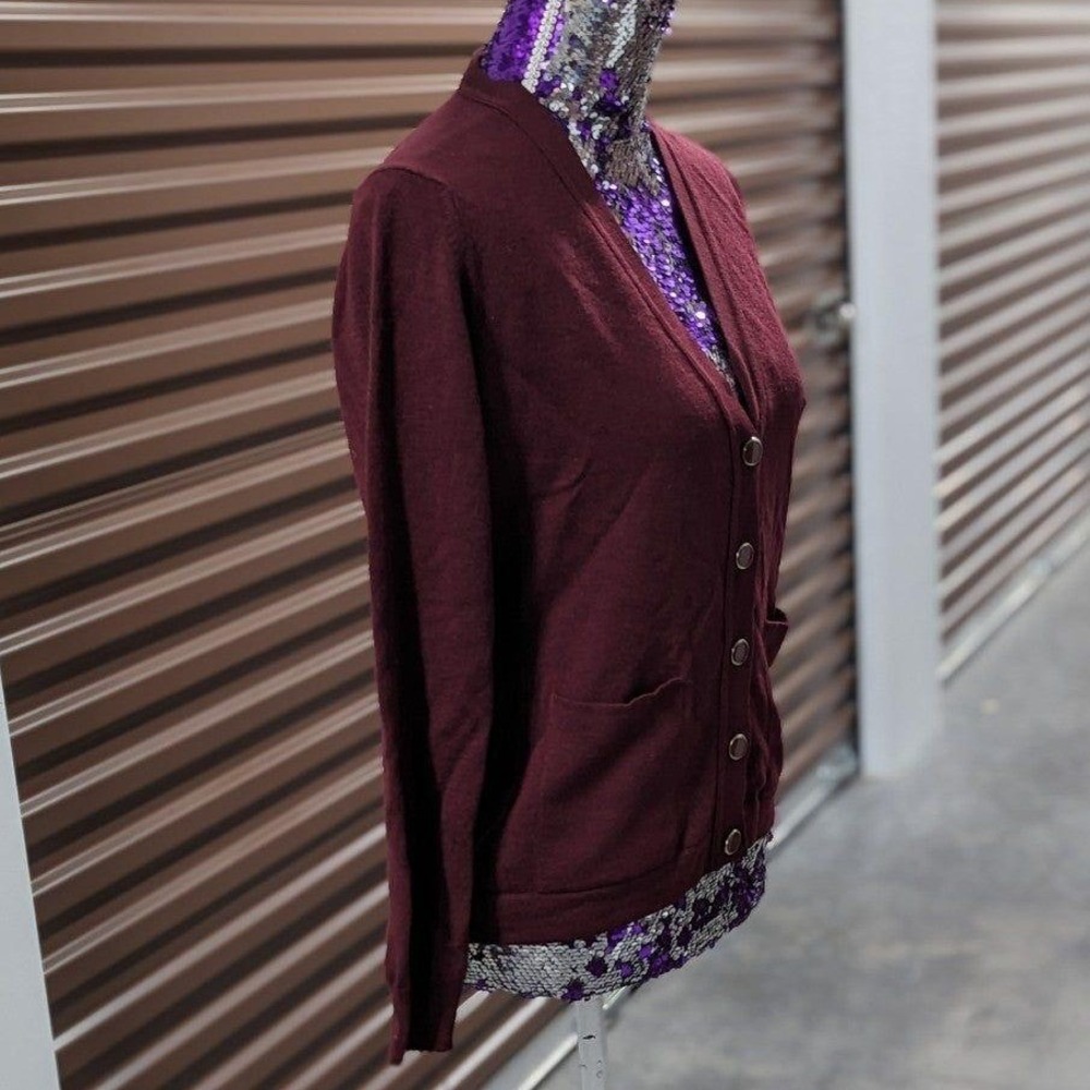Vintage Scotland 100% Lambswool Cardigan Button‎ Up Burgundy C;assic Knit UK 14
